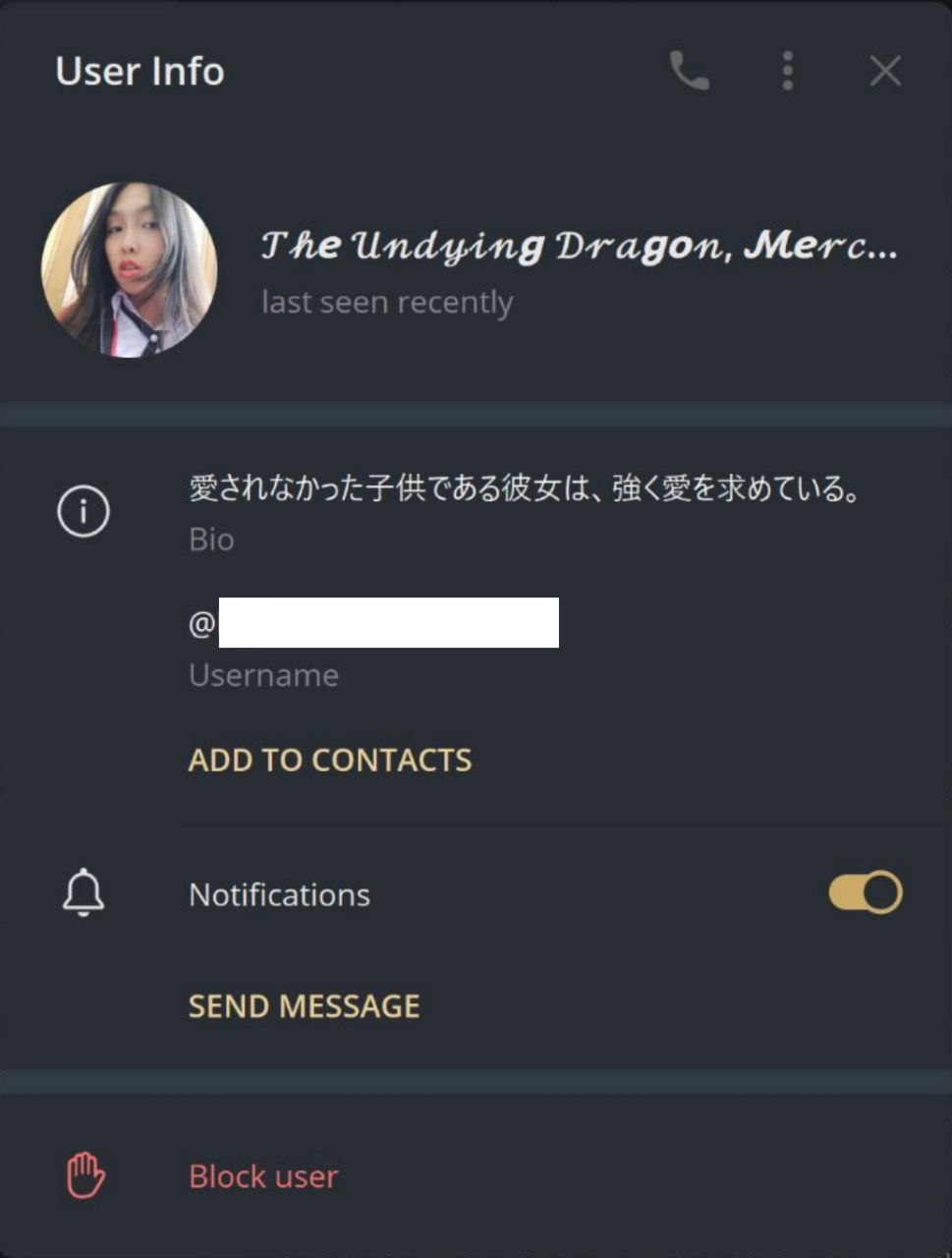 Screenshot of Mercury's Telegram profile. Her username has been redacted.